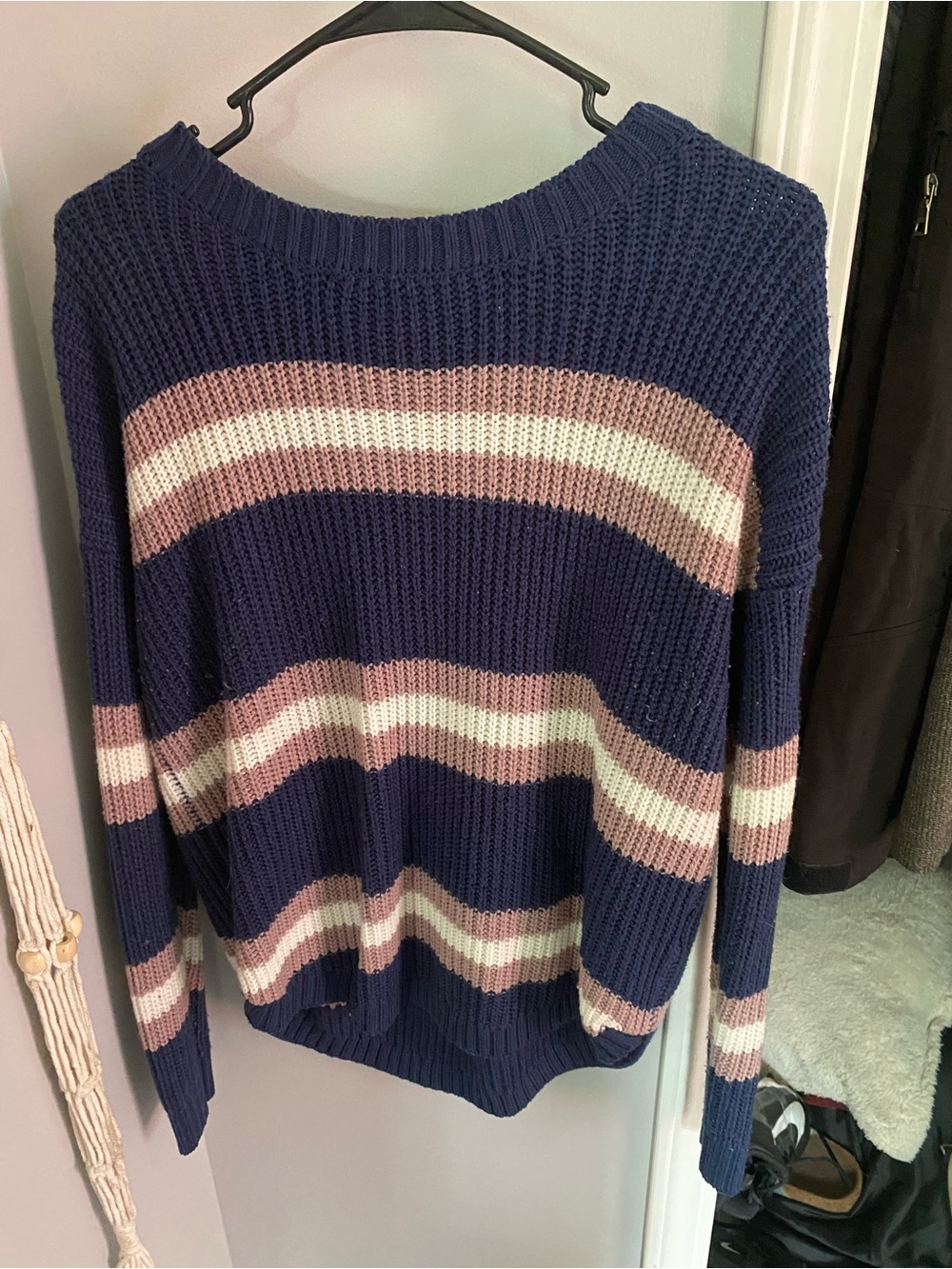 SO Navy Crewneck Sweater with Pink and Cream Stripes